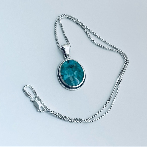 Sterling Silver Large Round Genuine Turquoise Necklace, Boho Necklace - Picture 12 of 13